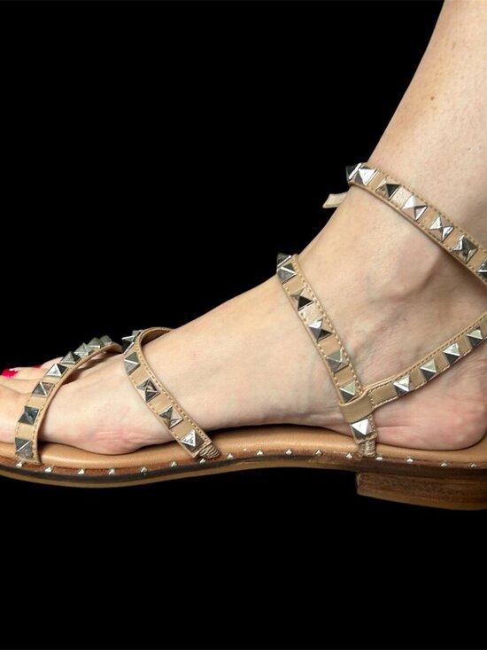 Steve Madden Shoes - Steve Madden Travel Beige and Silver Studded Flat Sandals Size 9 EUC